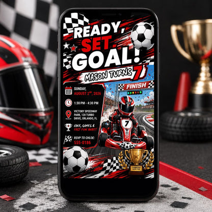Checkered Ready Set Goal 7th Birthday Invitation for Boys — invitation you personalize in Canva