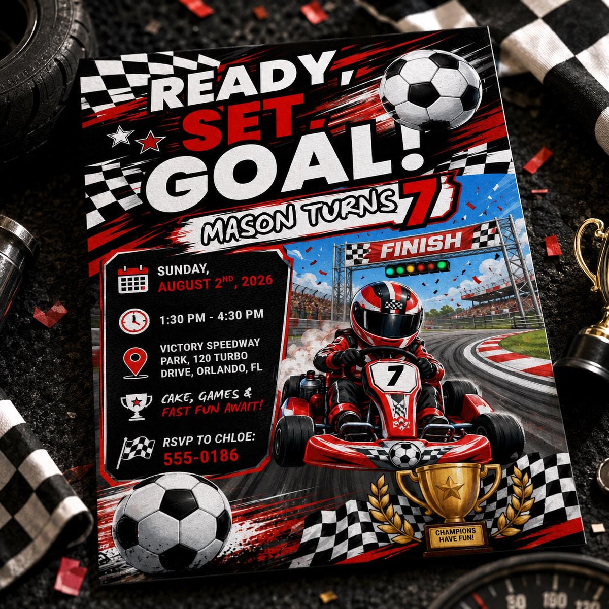 Checkered Ready Set Goal 7th Birthday Invitation for Boys — print-ready 7th birthday party design from VoltBy