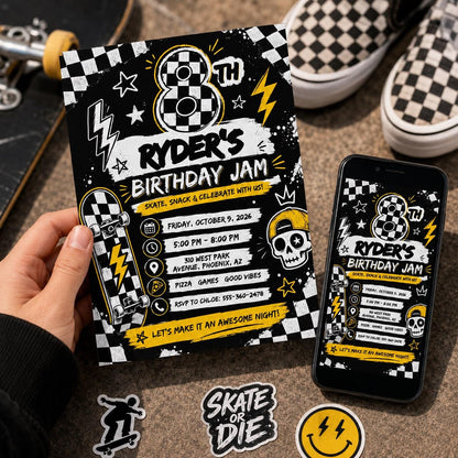 Checkered Skateboard Birthday Invitation for Boys — digital invitation, instant download