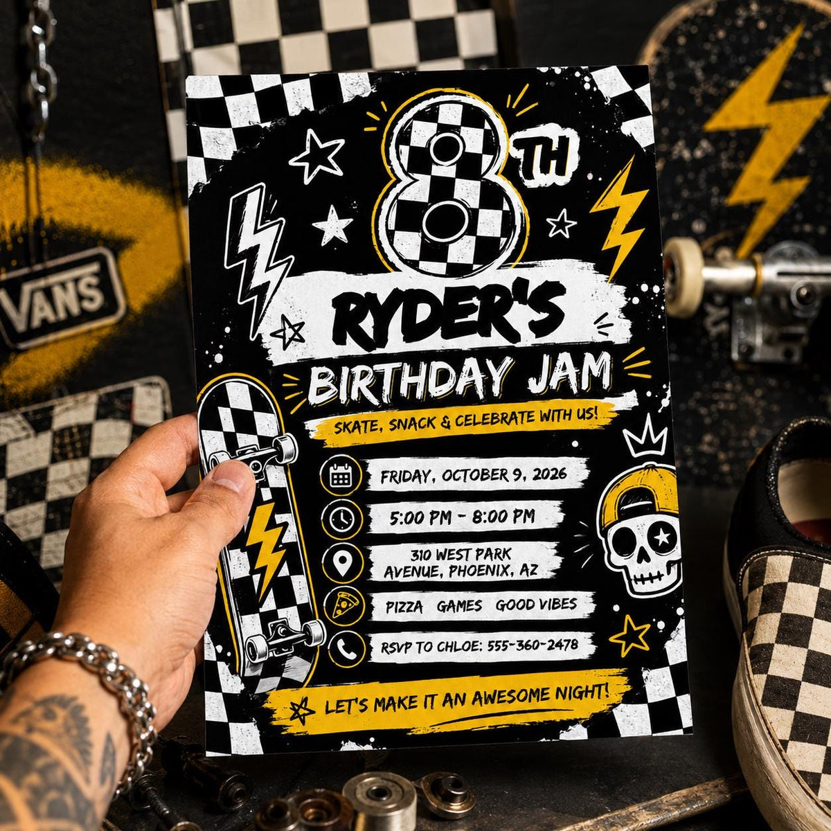 Checkered Skateboard Birthday Invitation for Boys — birthday party stationery by VoltBy