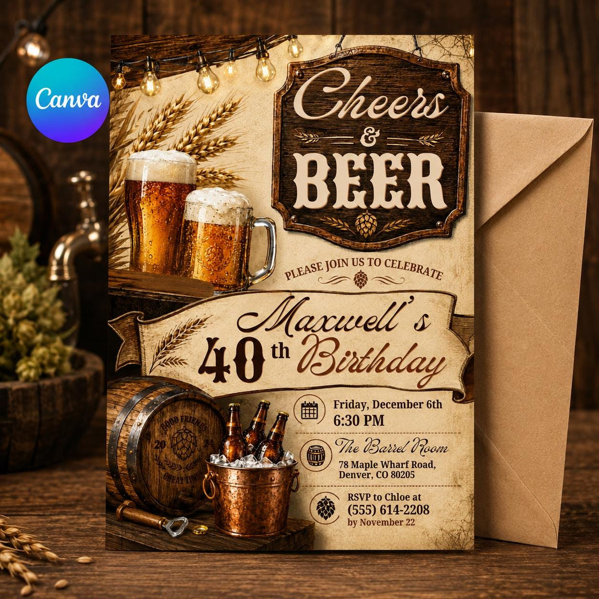 Cheers and Beers Birthday Invitation — editable Canva template