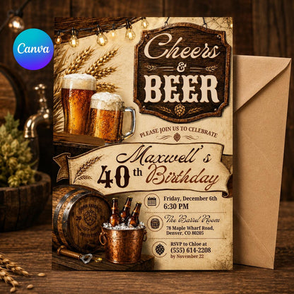 Cheers and Beers Birthday Invitation — editable Canva template