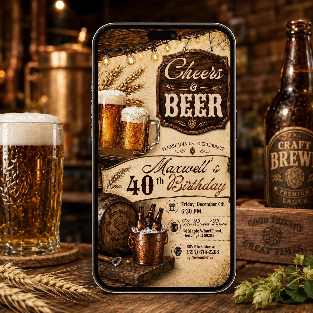 Cheers and Beers Birthday Invitation — print-ready birthday party design from VoltBy