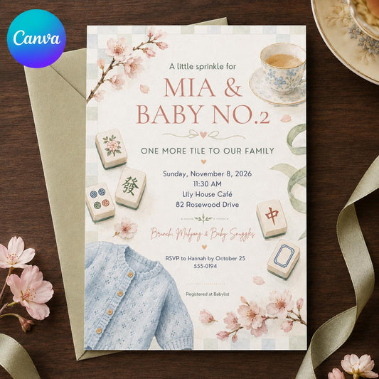Cherry Blossom Baby Sprinkle Mahjong Invitation — editable Canva template