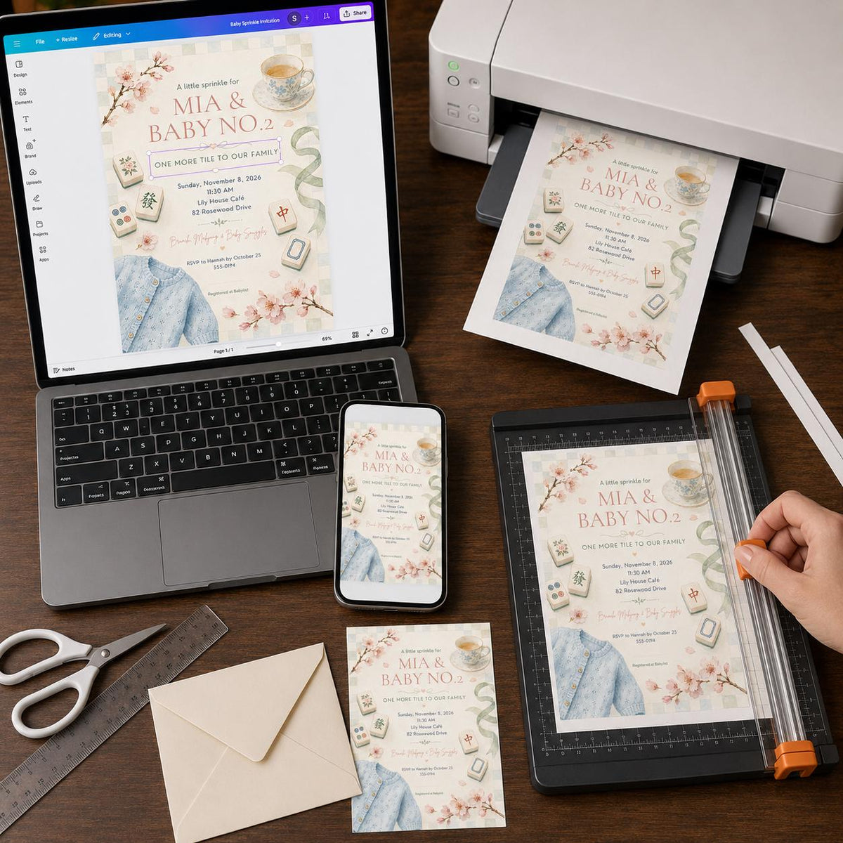 Cherry Blossom Baby Sprinkle Mahjong Invitation — print-ready baby sprinkle design from VoltBy