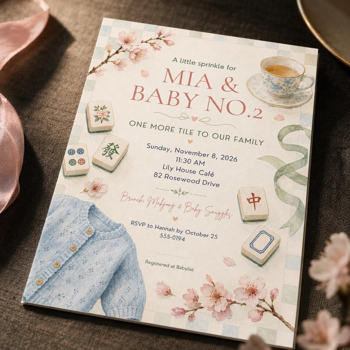 Cherry Blossom Baby Sprinkle Mahjong Invitation — digital invitation, instant download