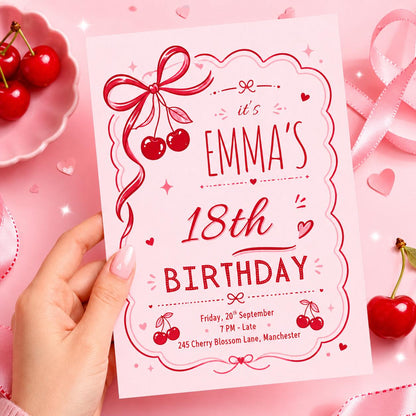 Cherry Bow 18th Birthday Invitation in Red and Pink — print-ready 18th birthday party design from VoltBy