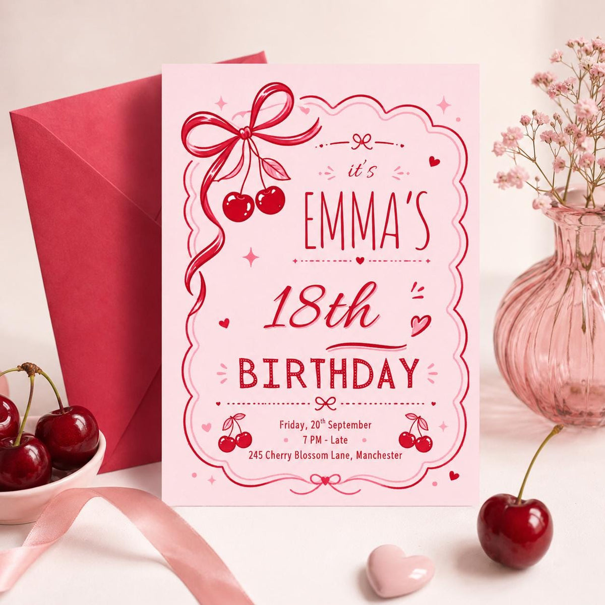Cherry Bow 18th Birthday Invitation in Red and Pink — design view 2