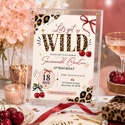 Cherry Leopard Let's Get Wild 23rd Birthday Invitation — invitation you personalize in Canva