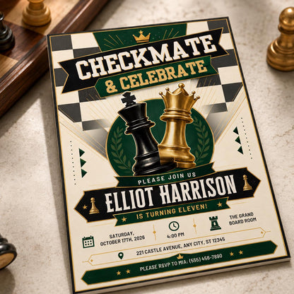 Chess 11th Birthday Invitation for Girls — invitation you personalize in Canva
