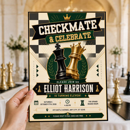 Chess 11th Birthday Invitation for Girls — print-ready 11th birthday party design from VoltBy