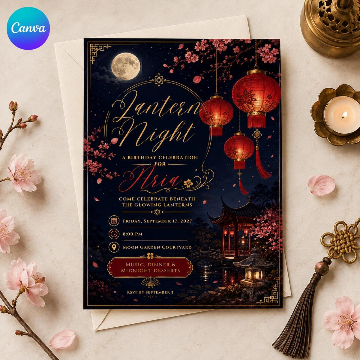 Chinese Lantern Night Birthday Invitation — editable Canva template