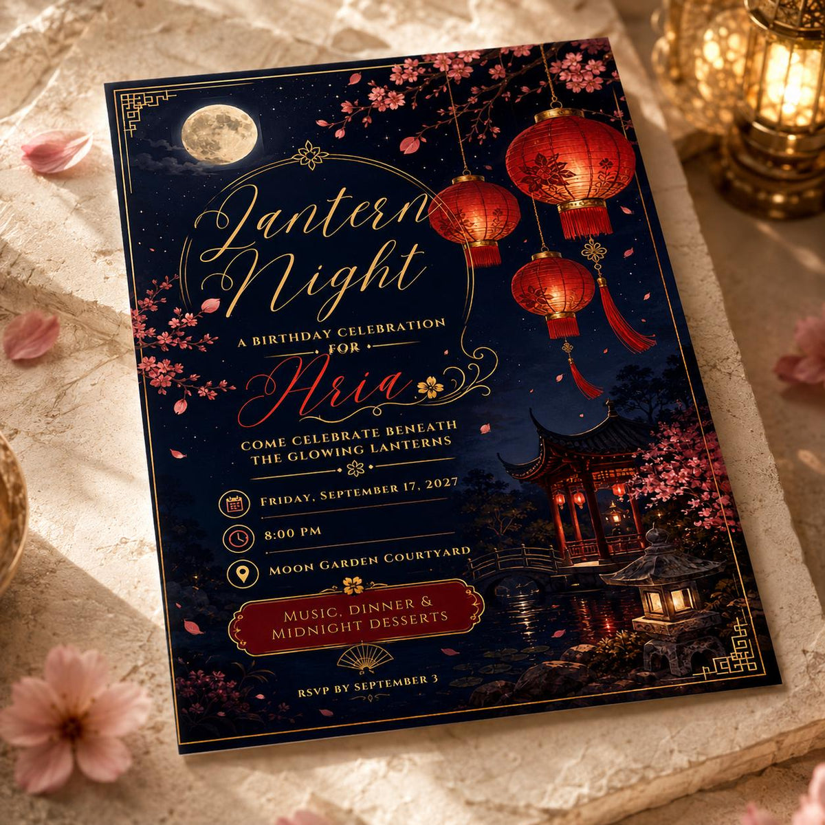 Chinese Lantern Night Birthday Invitation — cherry blossom design