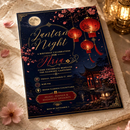 Chinese Lantern Night Birthday Invitation — cherry blossom design