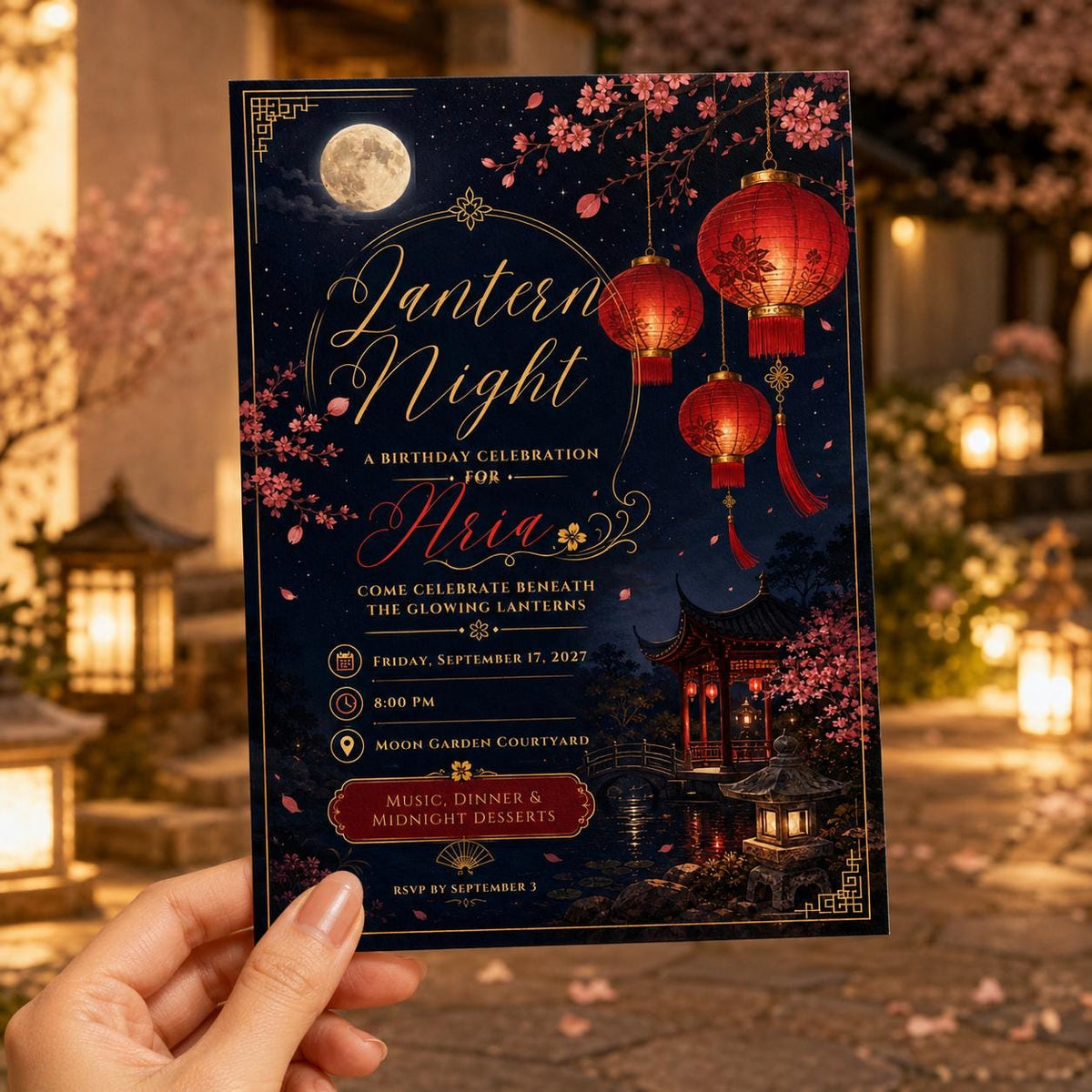 Chinese Lantern Night Birthday Invitation — invitation you personalize in Canva