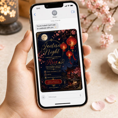 Chinese Lantern Night Birthday Invitation — cherry blossom artwork in cream and pink