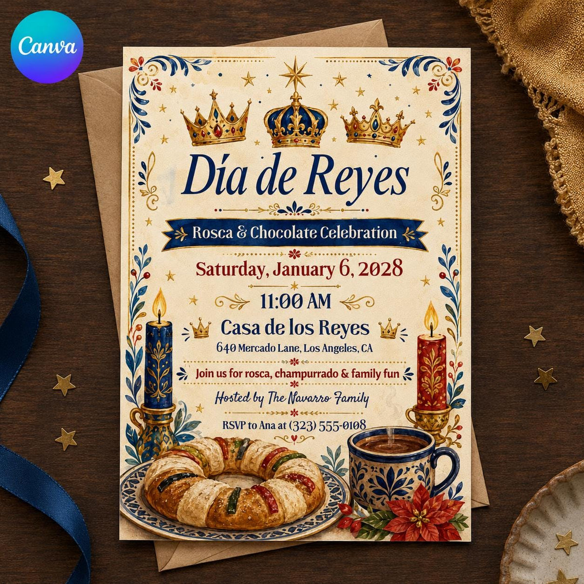 Chocolate Día de Reyes Invitation — editable Canva template