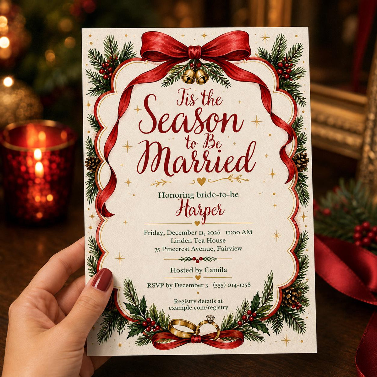 Christmas Bridal Shower Invitation — print-ready bridal shower design from VoltBy