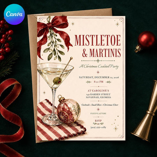 Christmas Cocktail Party Invitation: Mistletoe and Martinis Holiday — editable Canva template