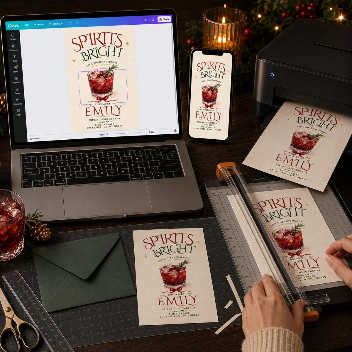 Christmas Cocktail Party Invitation: Spirits Bright Holiday Party — digital invitation, instant download