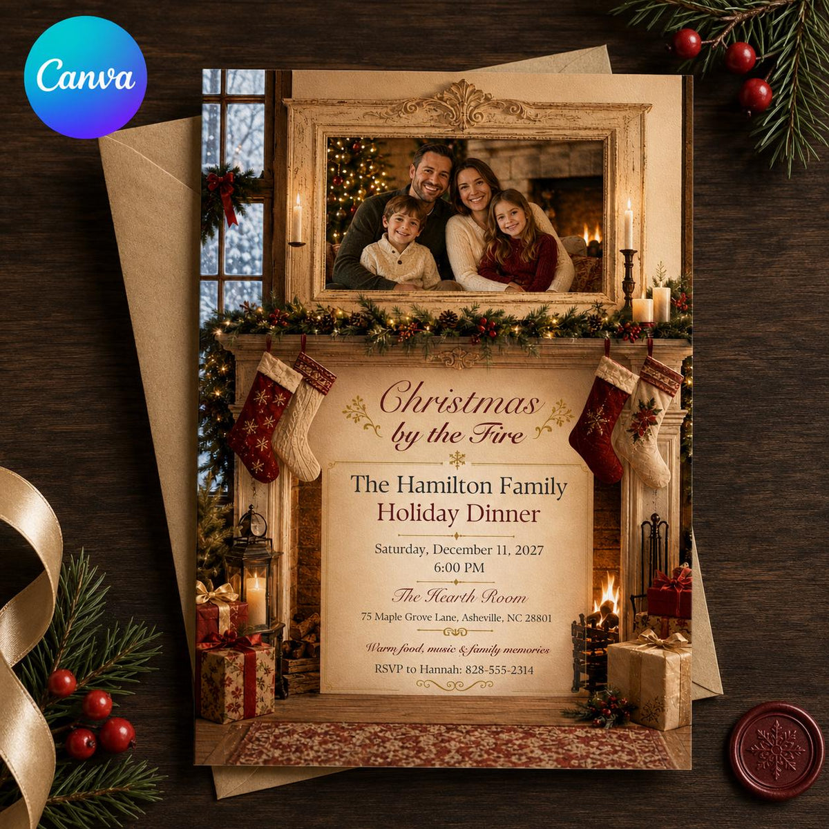 Christmas Dinner Invitation — editable Canva template