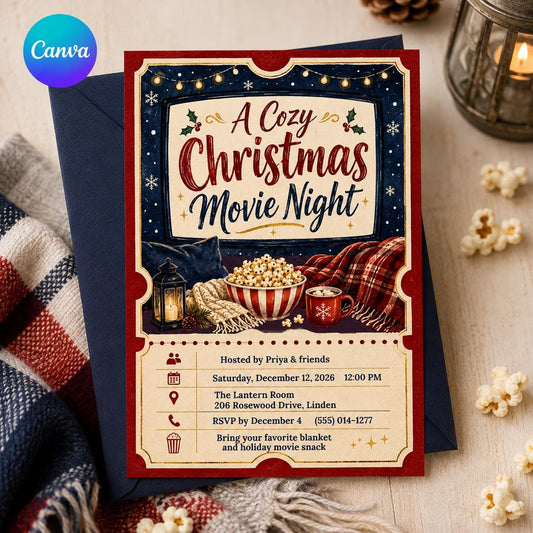 Christmas Movie Night Invitation: Cozy Holiday Party — editable Canva template