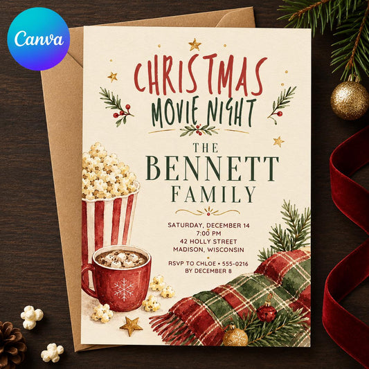 Christmas Movie Night Invitation: Family Holiday Party — editable Canva template