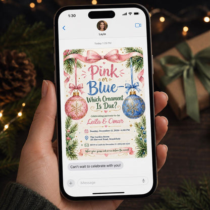 Christmas Ornament Gender Reveal Invitation in blue and cream