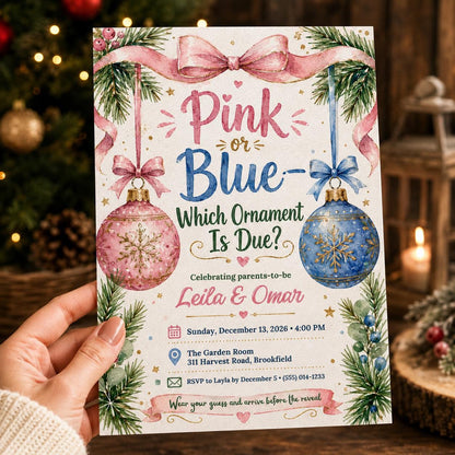Christmas Ornament Gender Reveal Invitation — bow and pine design