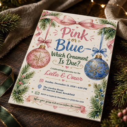 Christmas Ornament Gender Reveal Invitation — bow and pine artwork in blue and cream
