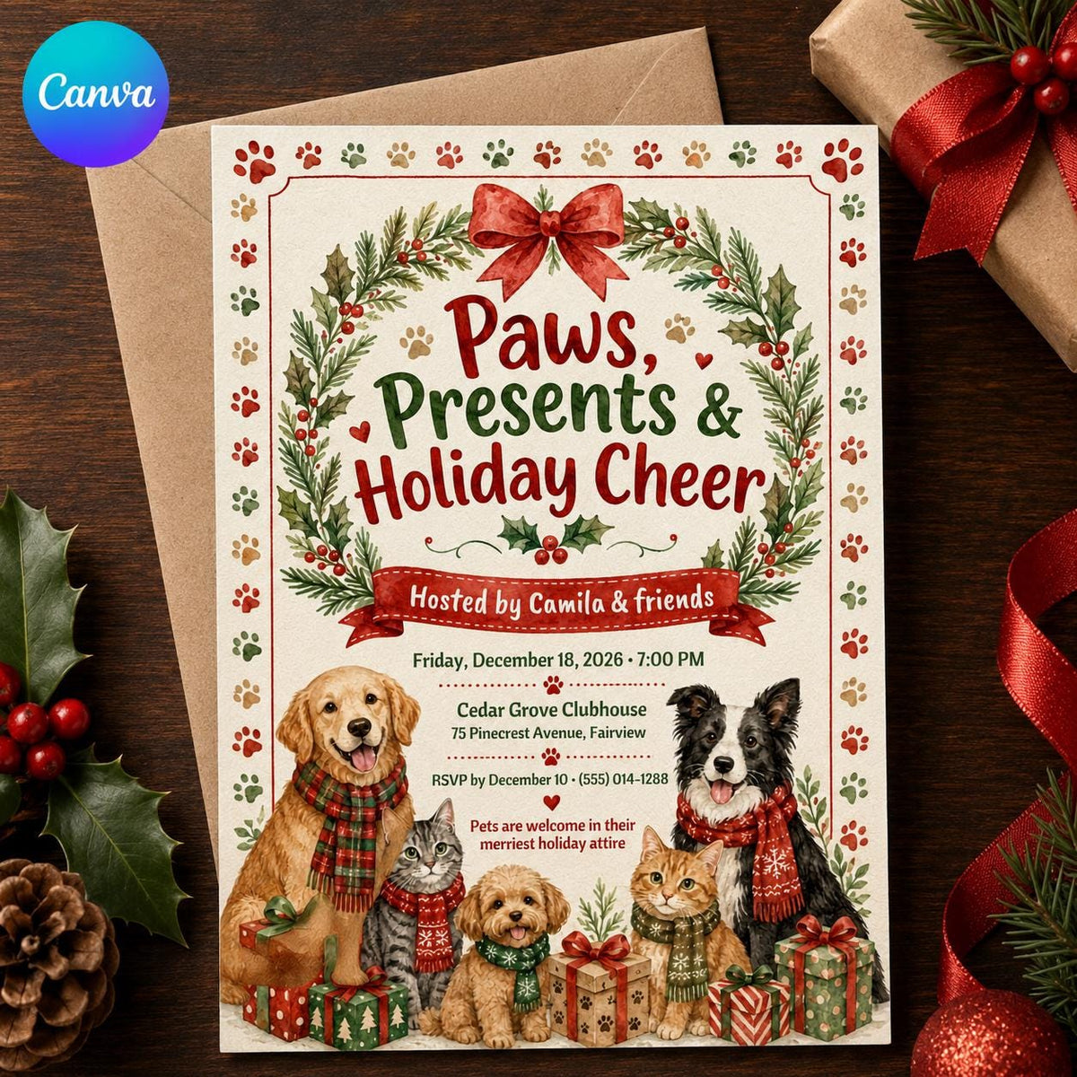 Christmas Pet Party Invitation — editable Canva template