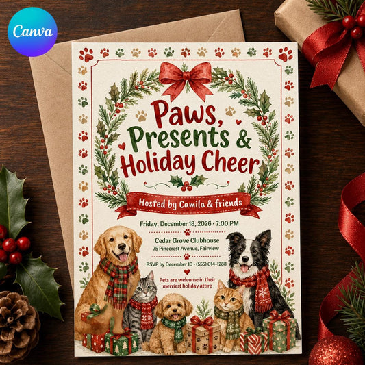 Christmas Pet Party Invitation — editable Canva template