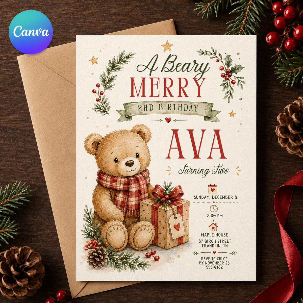 Christmas Teddy Bear 2nd Birthday Invitation — editable Canva template