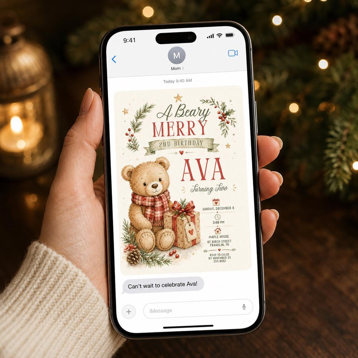 Christmas Teddy Bear 2nd Birthday Invitation — invitation you personalize in Canva