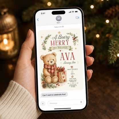 Christmas Teddy Bear 2nd Birthday Invitation — invitation you personalize in Canva