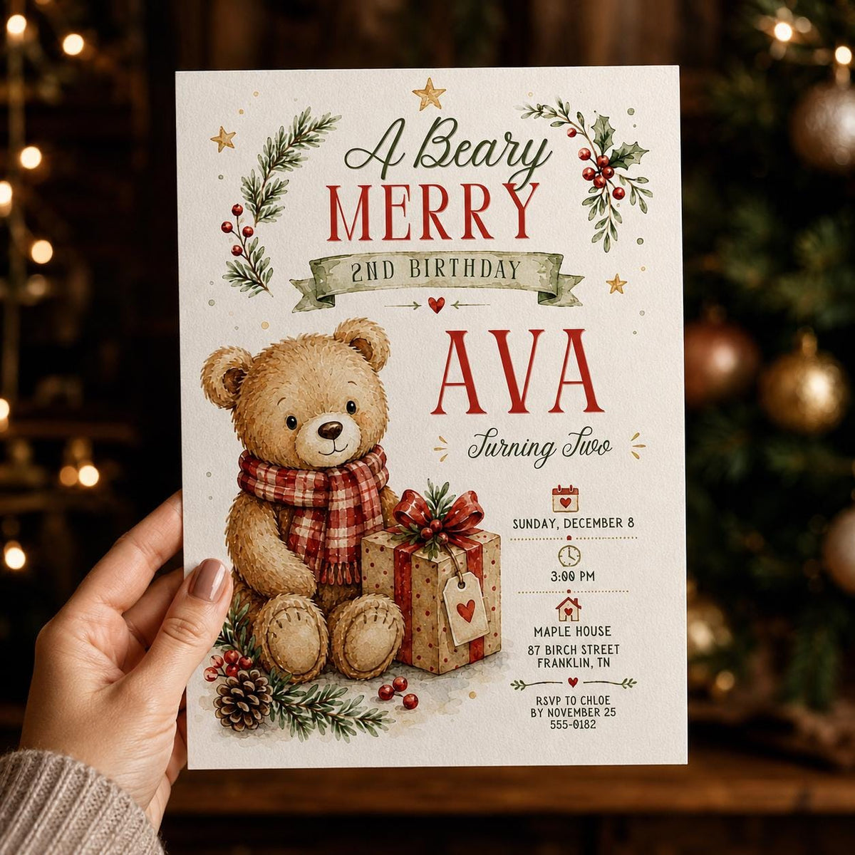Christmas Teddy Bear 2nd Birthday Invitation — print-ready 2nd birthday party design from VoltBy