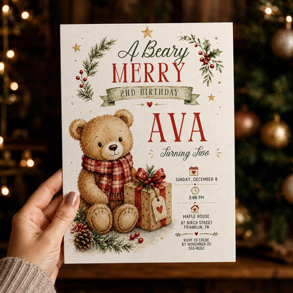 Christmas Teddy Bear 2nd Birthday Invitation — print-ready 2nd birthday party design from VoltBy