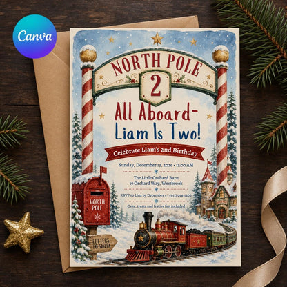Christmas Train 2nd Birthday Invitation: North Pole Party — editable Canva template