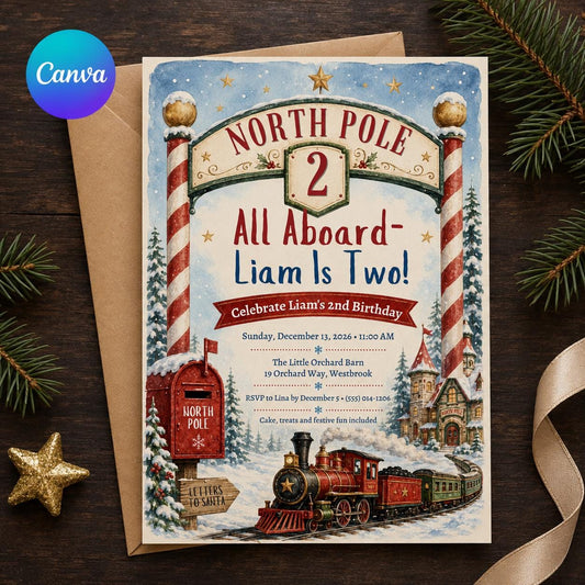 Christmas Train 2nd Birthday Invitation: North Pole Party — editable Canva template