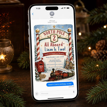 Christmas Train 2nd Birthday Invitation: North Pole Party — invitation you personalize in Canva