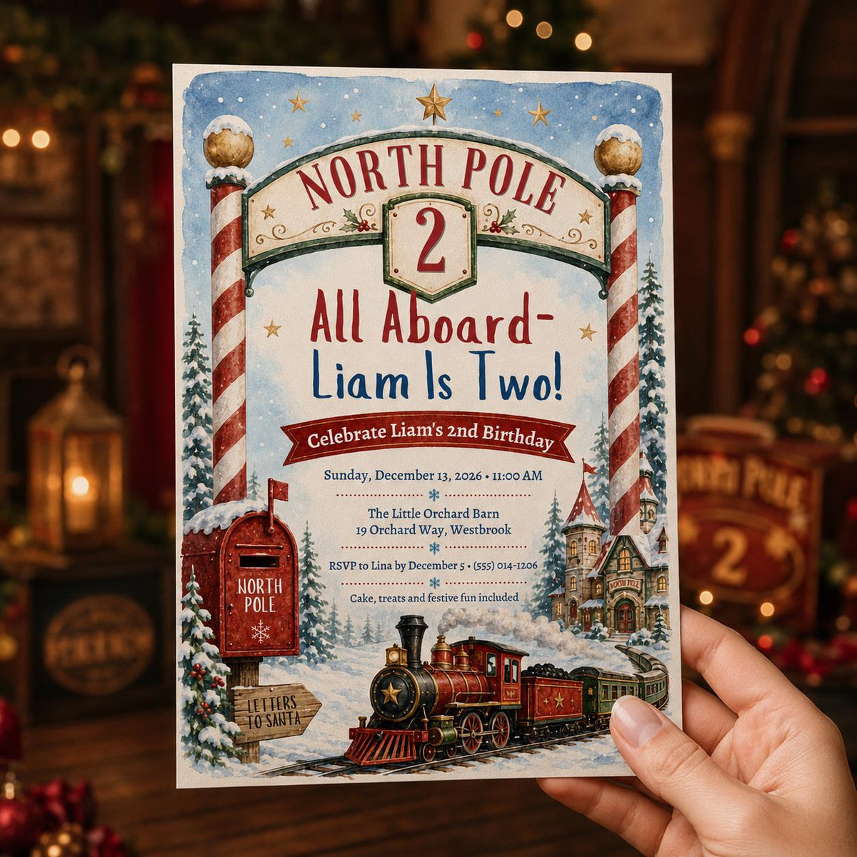 Christmas Train 2nd Birthday Invitation: North Pole Party — print-ready 2nd birthday party design from VoltBy