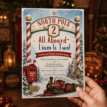 Christmas Train 2nd Birthday Invitation: North Pole Party — print-ready 2nd birthday party design from VoltBy