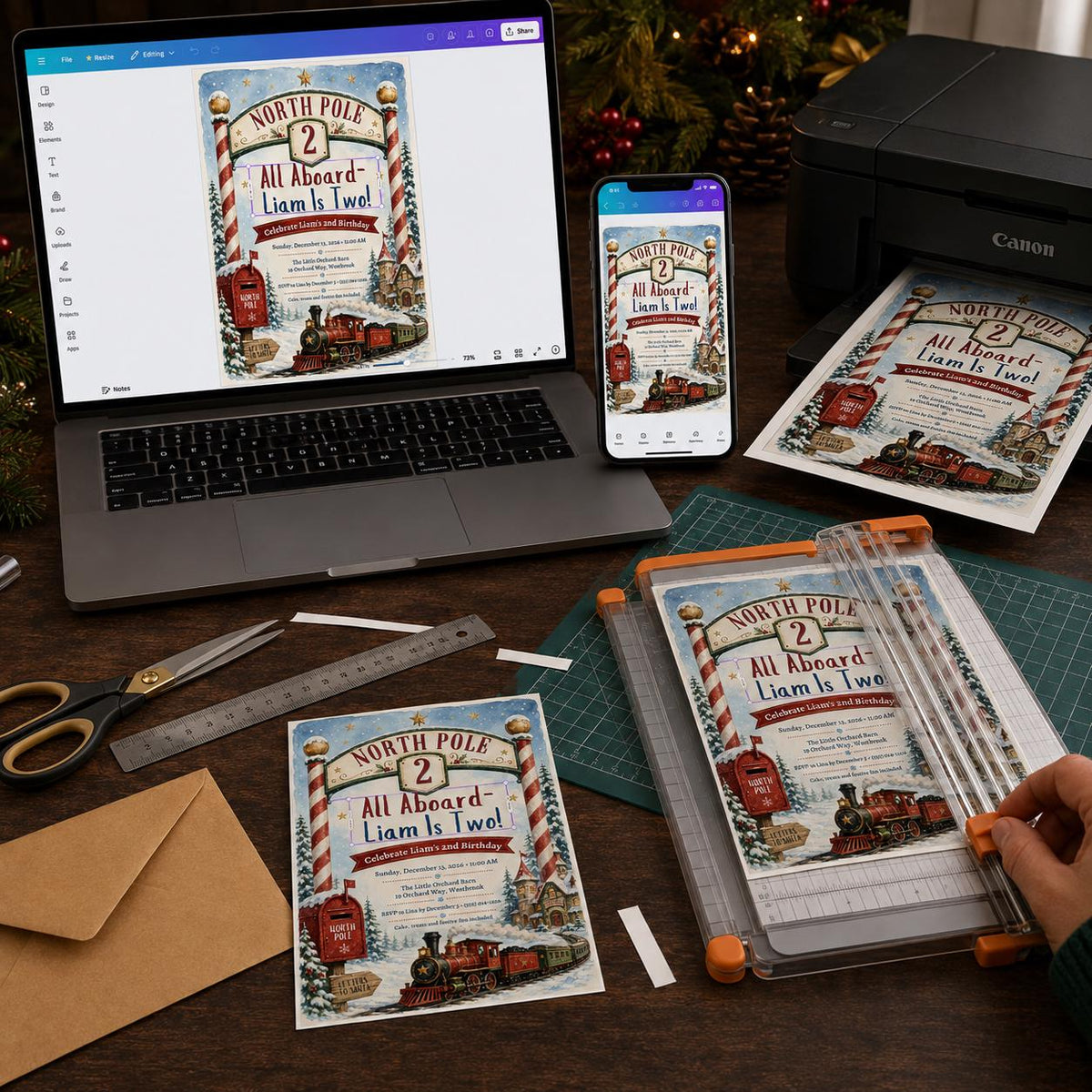 Christmas Train 2nd Birthday Invitation: North Pole Party — digital invitation, instant download