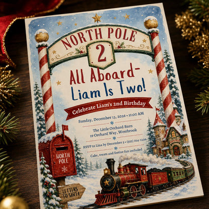 Christmas Train 2nd Birthday Invitation: North Pole Party — 2nd birthday party stationery by VoltBy