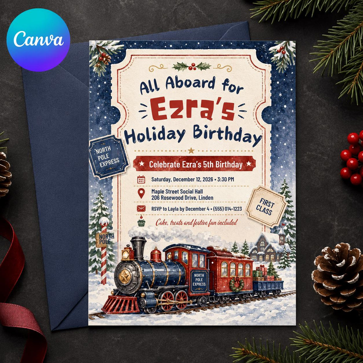 Christmas Train Birthday Invitation — editable Canva template