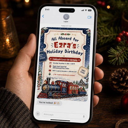 Christmas Train Birthday Invitation — invitation you personalize in Canva