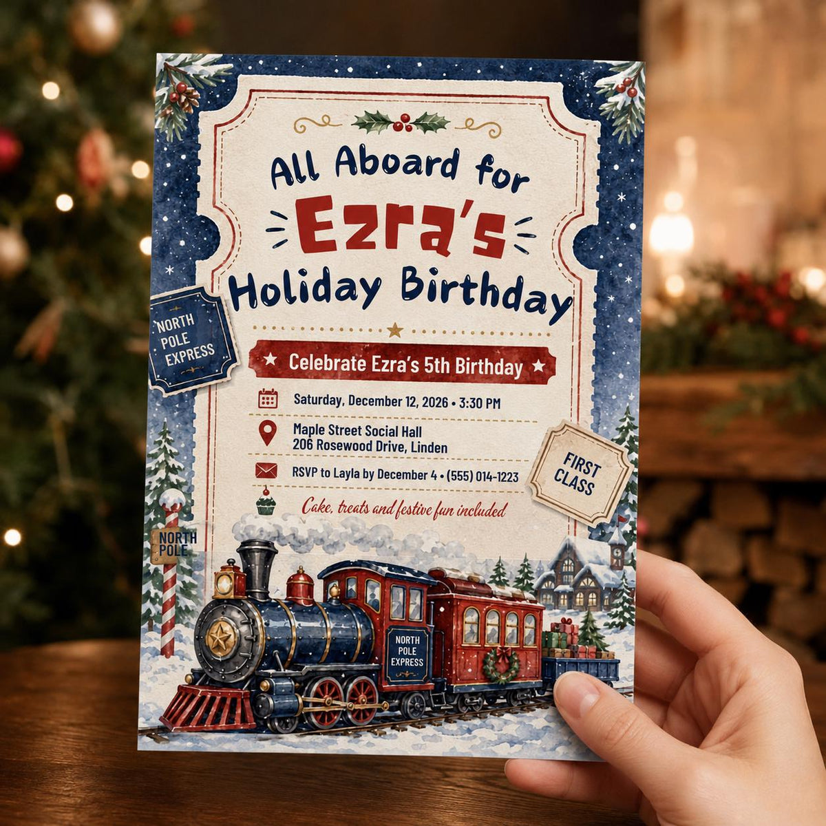 Christmas Train Birthday Invitation — print-ready birthday party design from VoltBy