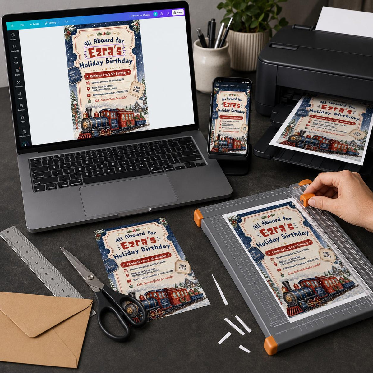 Christmas Train Birthday Invitation — digital invitation, instant download