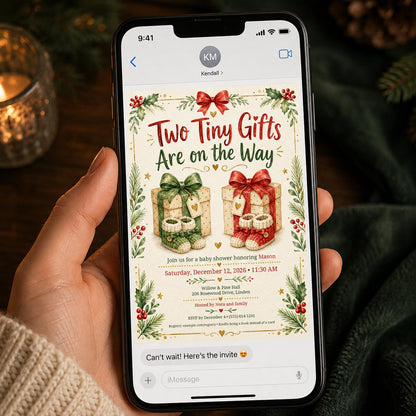 Christmas Twin Baby Shower Invitation — invitation you personalize in Canva