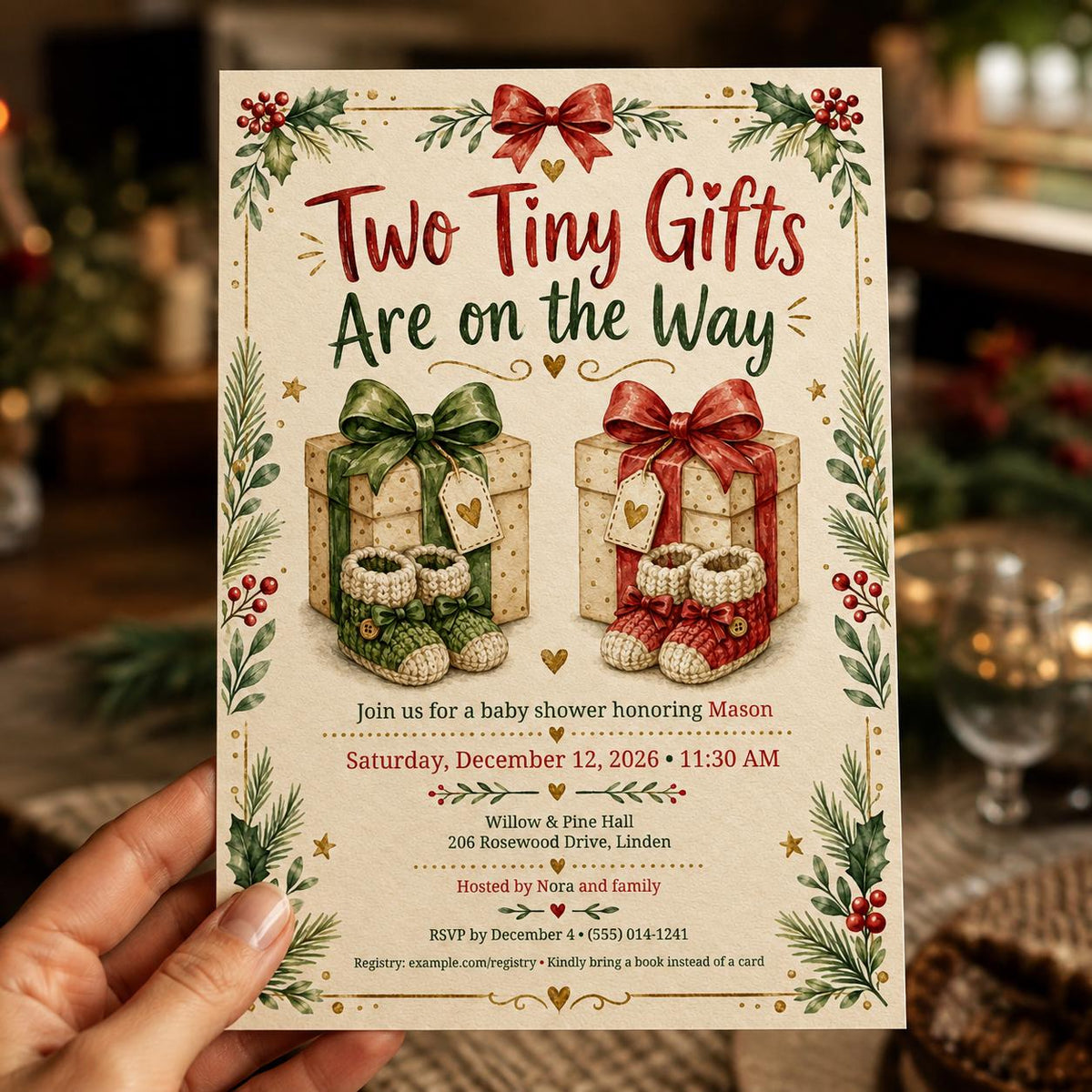 Christmas Twin Baby Shower Invitation — print-ready baby shower design from VoltBy